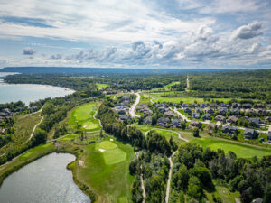 Lora Bay aerial of golf views, community and Georgian Bay